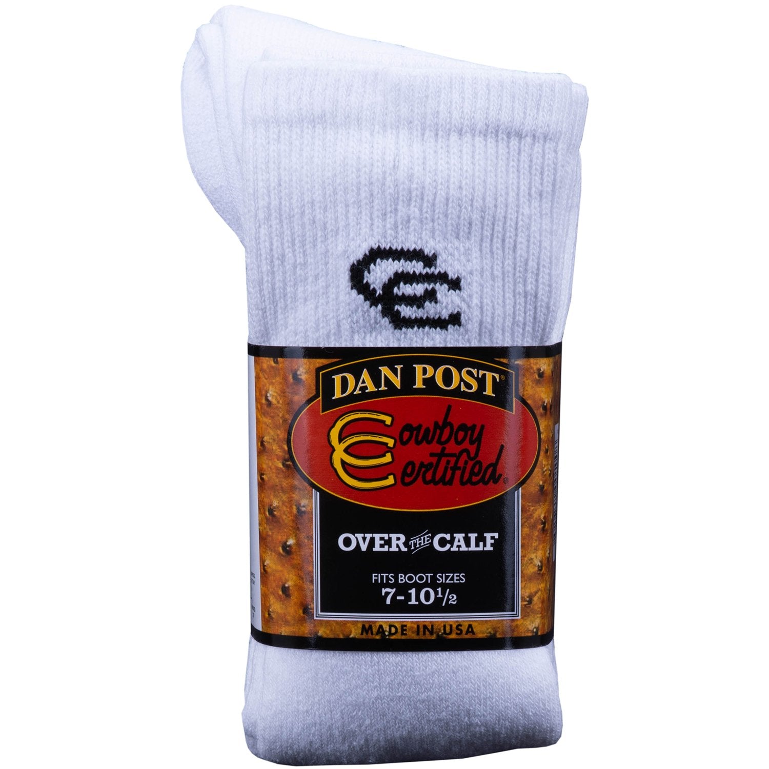 Mens Dan Post over-the-calf white boot socks with ribbed design, featuring anti-fatigue calf, ribbed support, and reinforced heel and toe. Package details showing two pair per pack. 