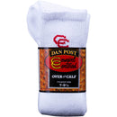 Women's Dan Post white over-the-calf boot socks features such as moisture wicking, anti-microbial, temperature regulating, and reinforced toe and heel. Shown in packaging 