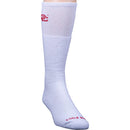 Women's Dan Post white over-the-calf boot socks features such as moisture wicking, anti-microbial, temperature regulating, and reinforced toe and heel. 