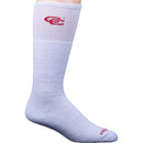Women's Dan Post white over-the-calf boot socks features such as moisture wicking, anti-microbial, temperature regulating, and reinforced toe and heel. Side View