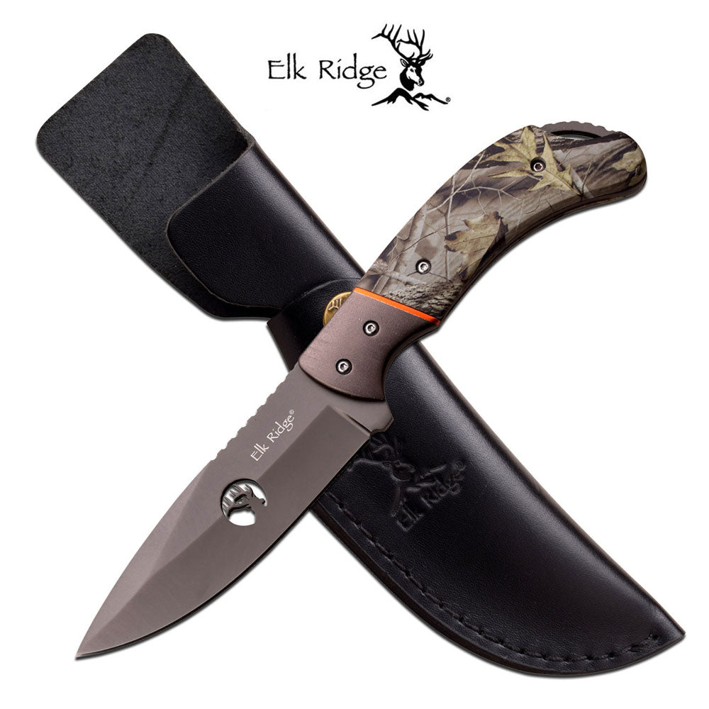 This fixed blade Camo handle knife comes with a leather sheath. 