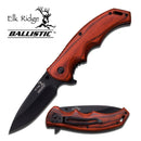 Elk Ridge spring assist knife with Brown Pakkawood handle and black blade, partially open showing the blade and the pocket clip.