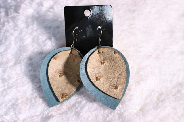 Double Leather Blue-Antique Ostrich Print Earring ERZ180825-31