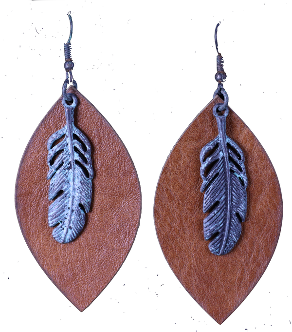 ERZ180905-20 Leather Oval Earring w/Feather