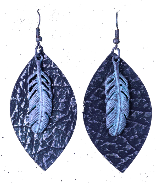ERZ180905-24 Leather Oval Earring w/Feather