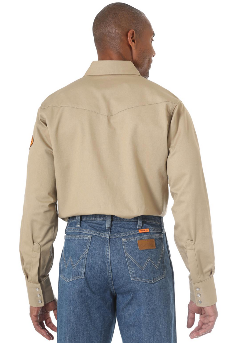 Men's Wrangler FR12140 Khaki FR Flame Resistant Twill Solid Long Sleeve Work Shirt