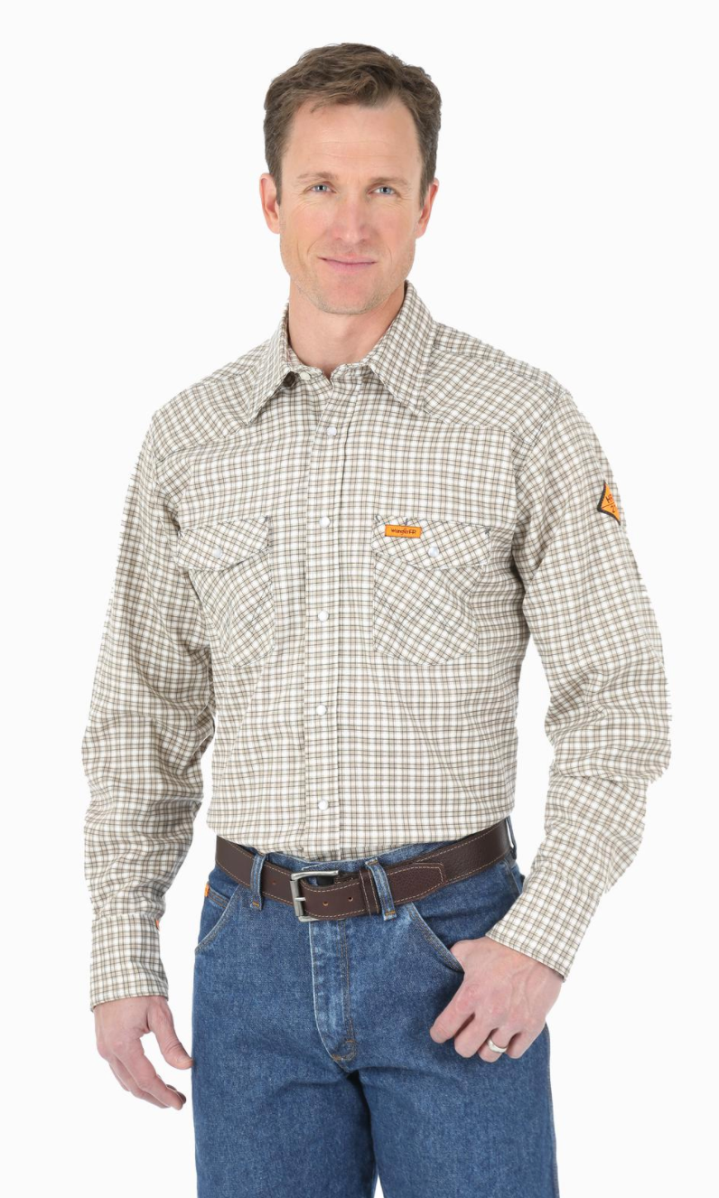Men's Wrangler FR124MM Plaid FR Flame Resistant Light Weight Long Sleeve Work Shirt