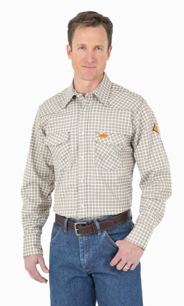 Men's Wrangler FR124MM Plaid FR Flame Resistant Light Weight Long Sleeve Work Shirt