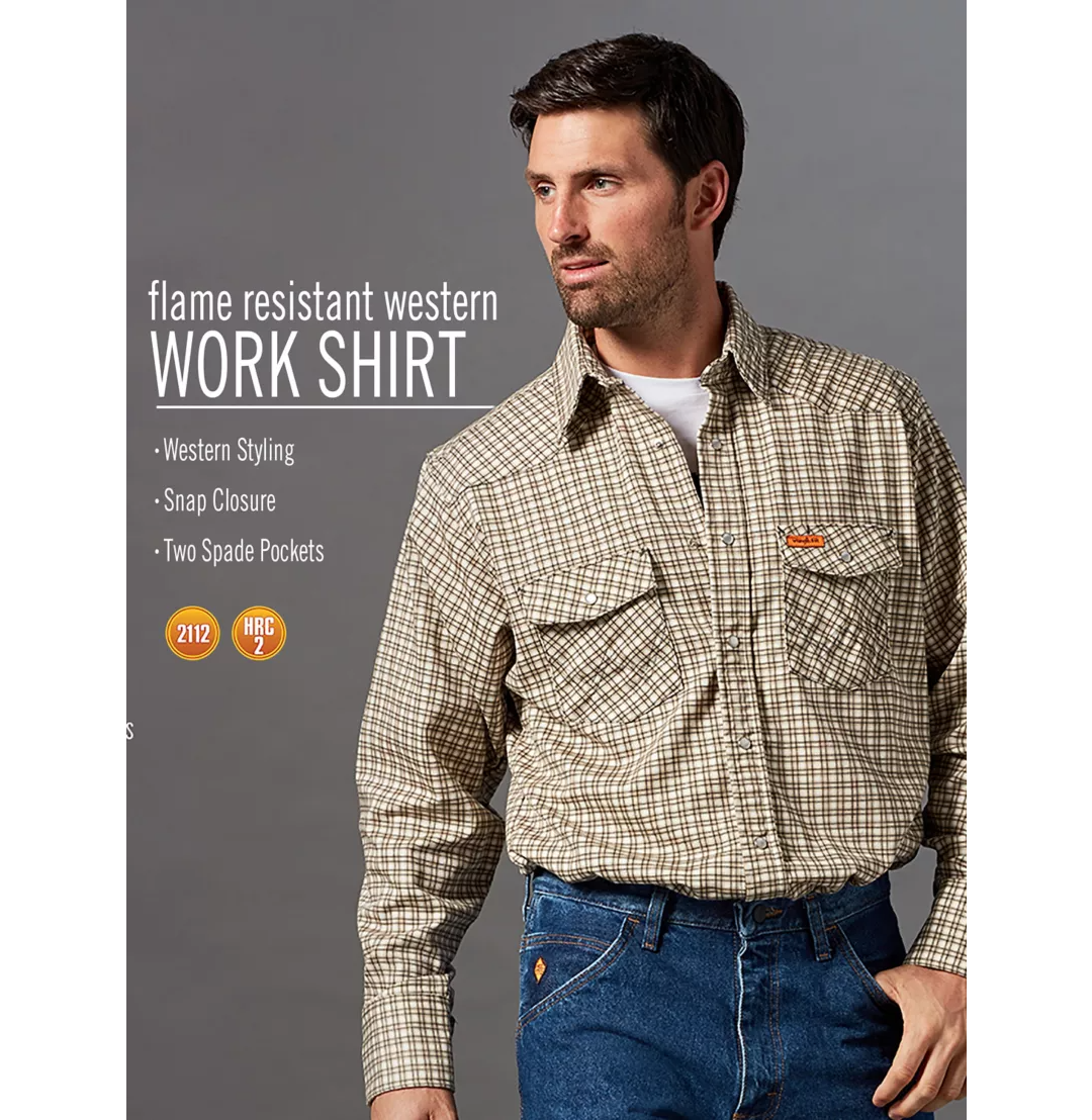Men's Wrangler FR124MM Plaid FR Flame Resistant Light Weight Long Sleeve Work Shirt