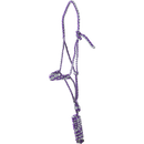 Purple and gray braided flat nose halter with attached lead rope.