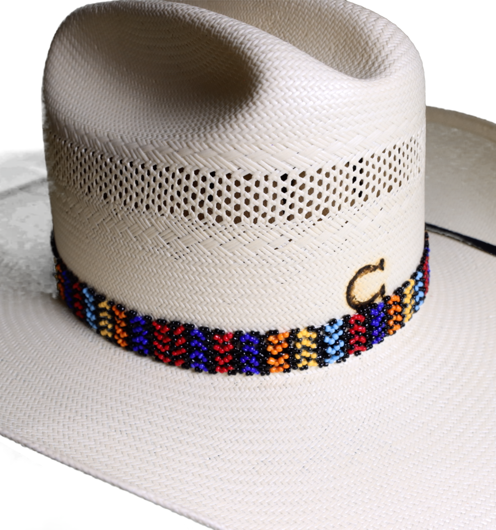 This multicolored hat band has stretch so it fits most hats. It has Red, Blue, Orange, Yellow, and Black shades of beads.