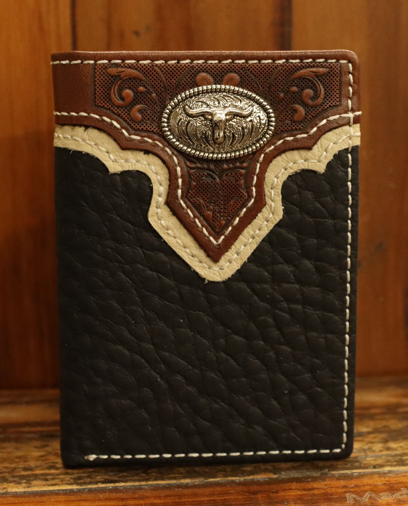 Top Notch Accessories HF107BK Black Pebbled Leather w/Longhorn Concho Tri-Fold Wallet