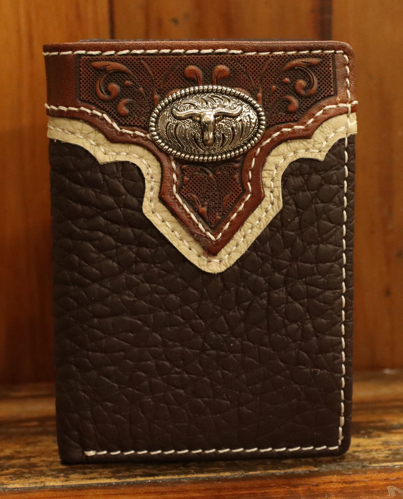 Top Notch Accessories HF107CF Coffee Pebbled Leather w/Longhorn Concho Tri-Fold Wallet