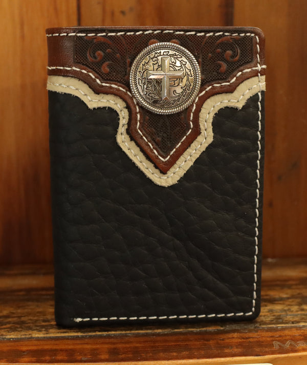 Top Notch Accessories HF112BK Black Pebbled Leather w/Cross Concho Tri-Fold Wallet