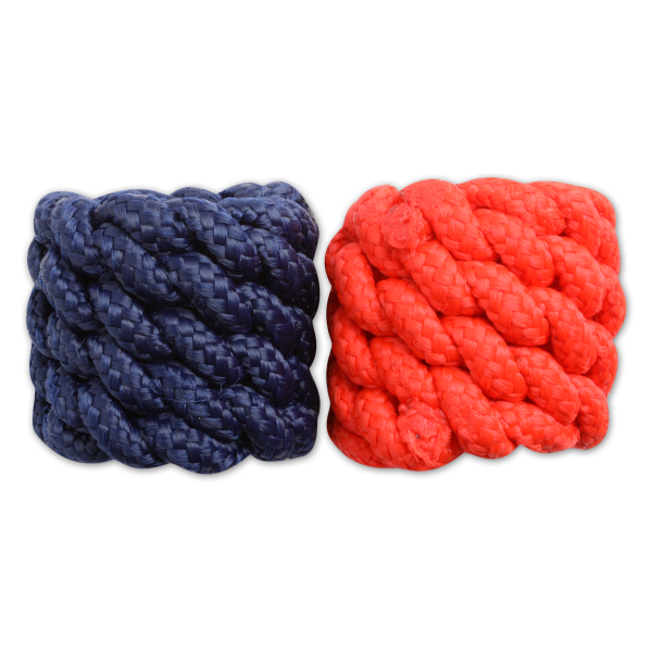 Two horn knots, one red and one blue, used for securing a rope to a saddle horn.