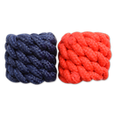 Two horn knots, one red and one blue, used for securing a rope to a saddle horn.