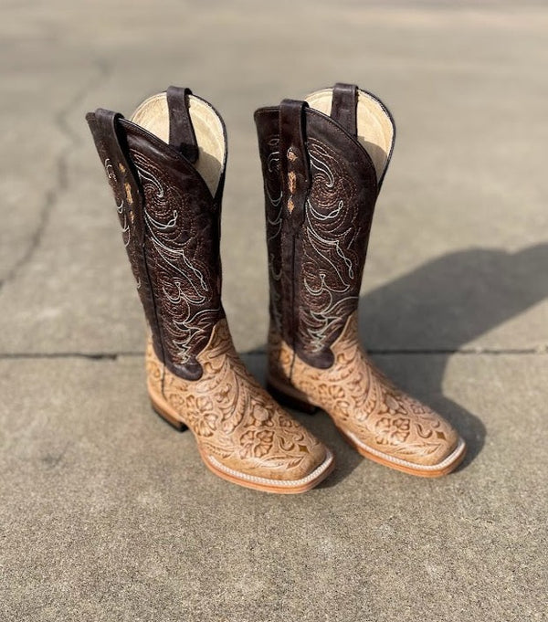 Women's Cowtown Q452 12" Oryx Floral Laser Tooled Wide Square Toe Boot (SHOP IN-STORE TOO)