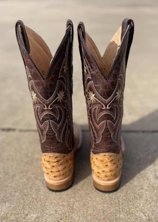 Women's Cowtown boots with a full quill ostrich print leather and square toes, with a 12 inch dark brown shaft with stitching details. Rear View