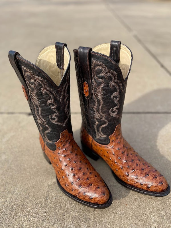 Cowtown R6064 12" Cognac Full Quill Ostrich Print R Toe Boot (SHOP IN-STORES TOO)