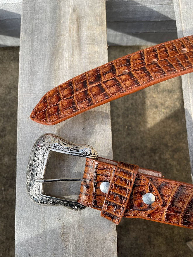 Cowtown Cognac Caiman Belly Print Leather Belt