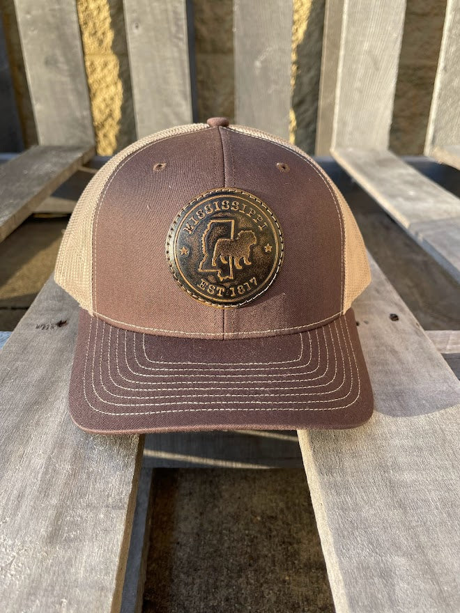Starkville, Mississippi With Bulldog Leather Circle Patch Brown/Khaki Richardson 112 Cap
