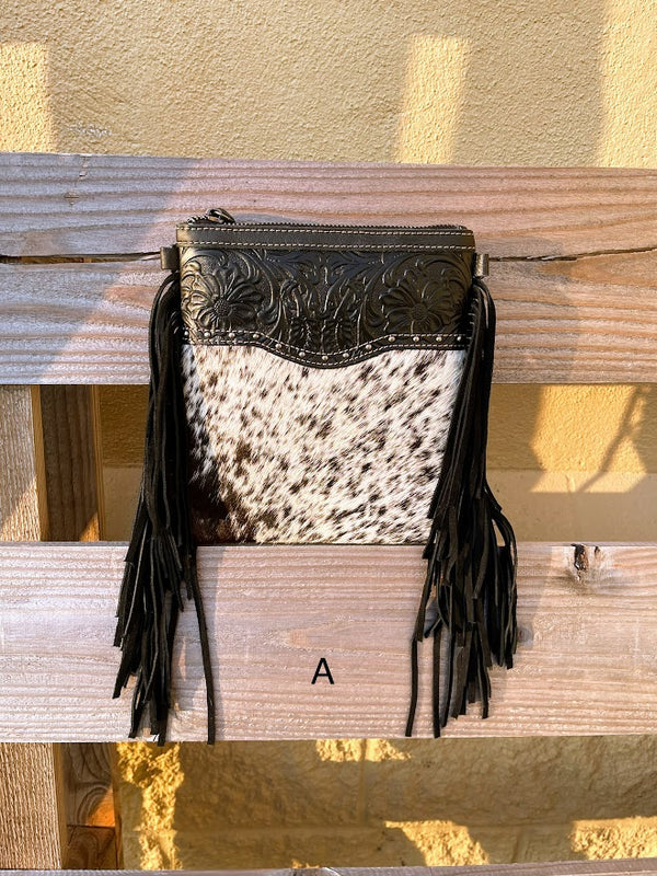 Top Notch Accessories 3016BK Betty Cowhide Crossbody Fringe Purse In Black