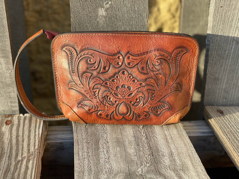 9052BR Women's Brown Leather Tooled Hand Wristlet