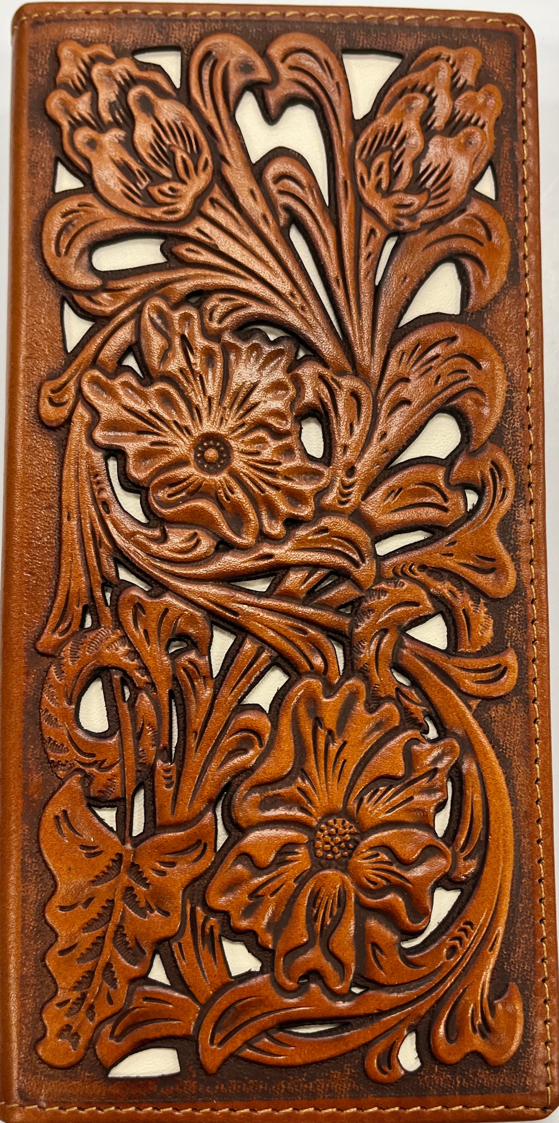 Light Brown tooled leather tall wallet with a Beige inlay. Close up front view