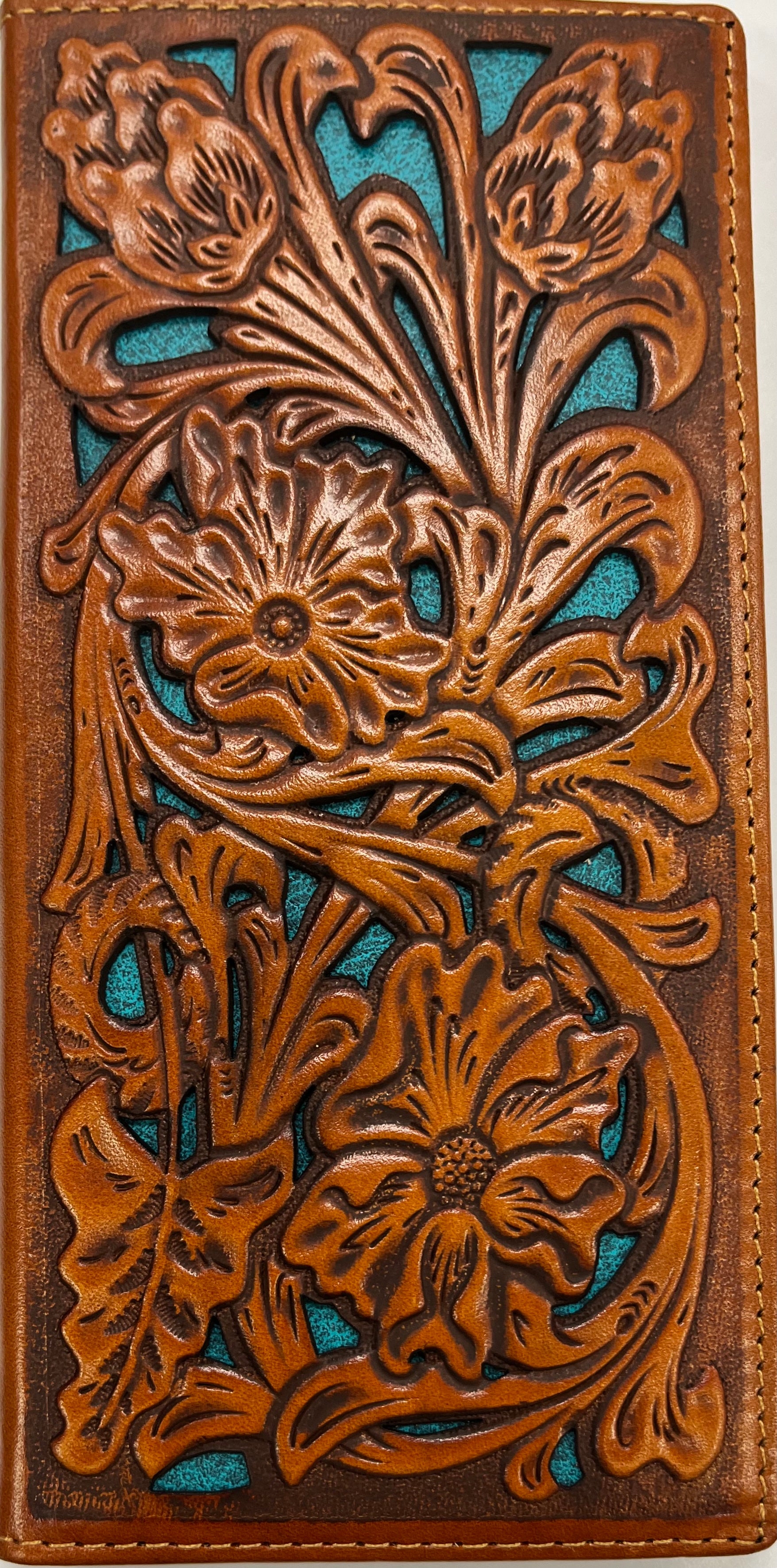 Light Brown tooled leather tall wallet with Turquoise inlay.  Close up view