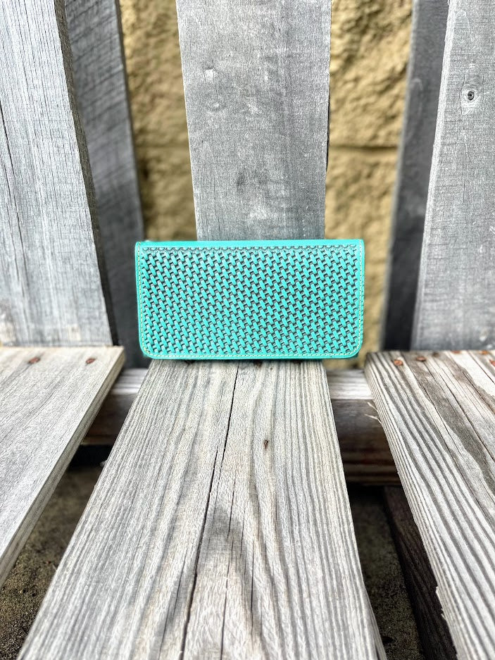 Turquoise Basketweave leather phone case wallet with wristlet strap. Front View