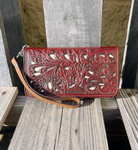 Brown tooled leather phone case wallet with Beige inlay.  Front View 