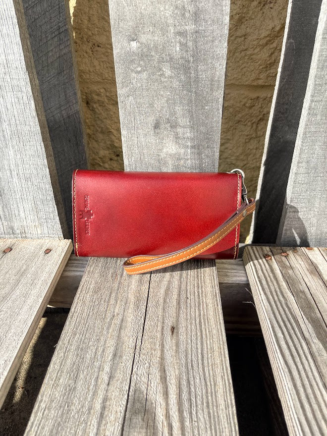 Brown tooled leather phone case wallet with Beige inlay.  Rear View 