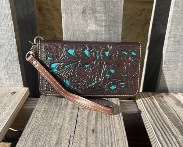 PH-03 Coffee with Turquoise Inlay Phone Case Wristlet Wallet