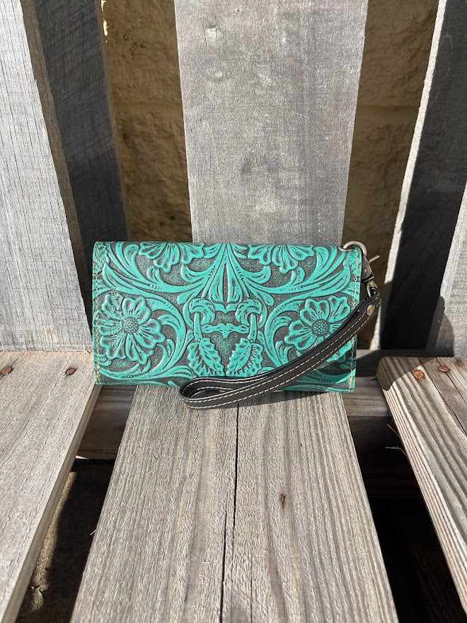 PH-04 Turquoise with Tooled Trim Phone Case Wristlet Wallet