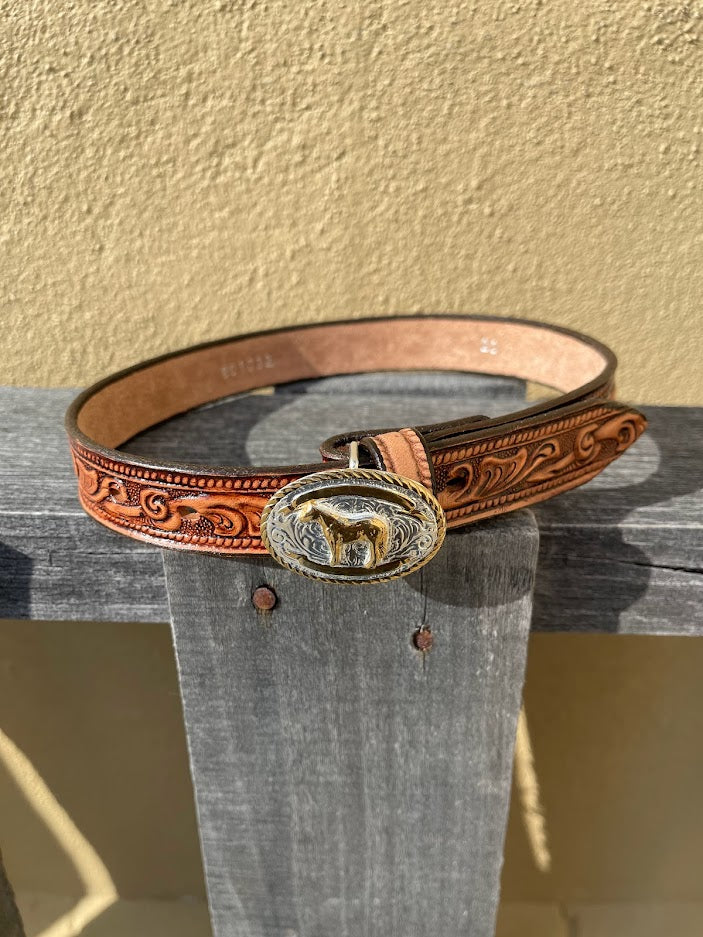 A toddler-sized brown embossed leather belt with a small trophy buckle. Front view.
