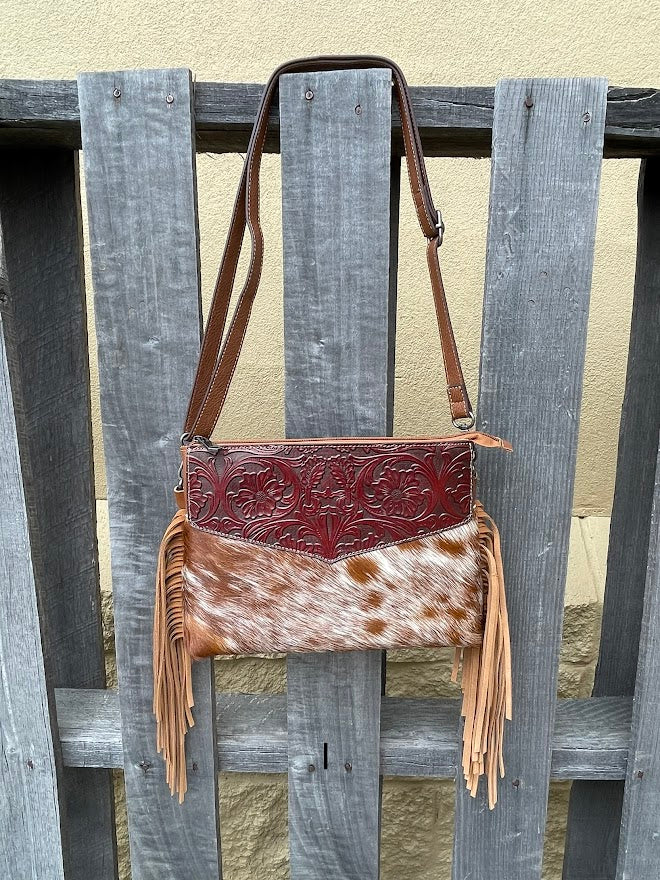 Top Notch Accessories Tooled Leather & Cowhide Purse In Brown 3073-1BR