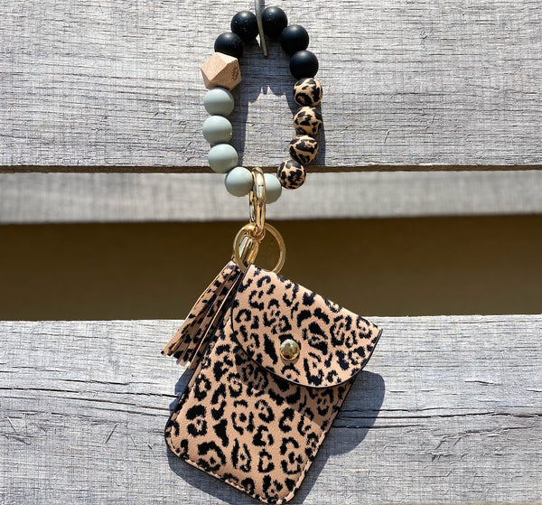 Magnolia Breeze Button Close ID Wallet Beaded Wristlet Keychain Leopard