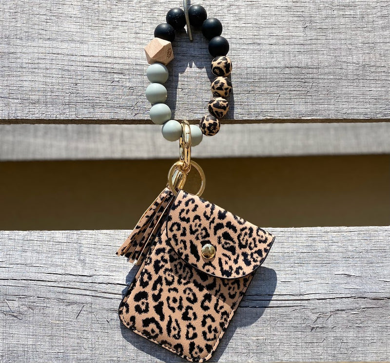 Magnolia Breeze Button Close ID Wallet Beaded Wristlet Keychain Leopard