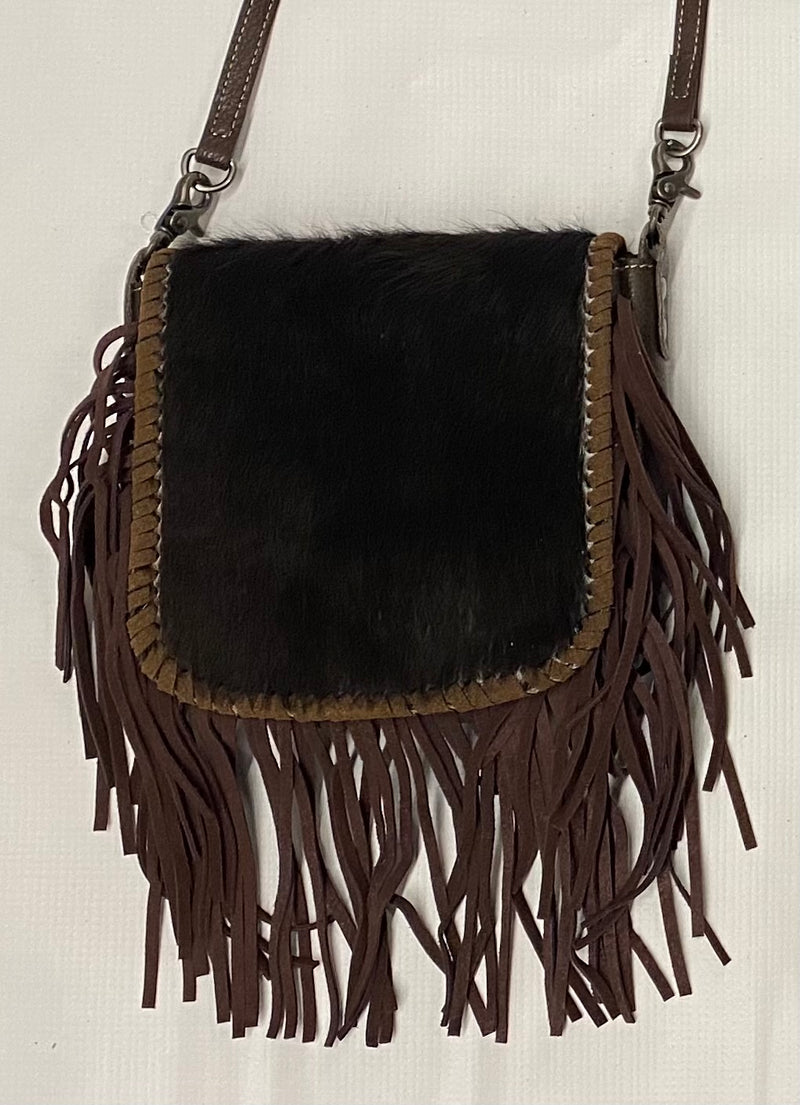 Top Notch Accessories 3020CF Coffee Hair On Tooled Leather Small Fringe Crossbody