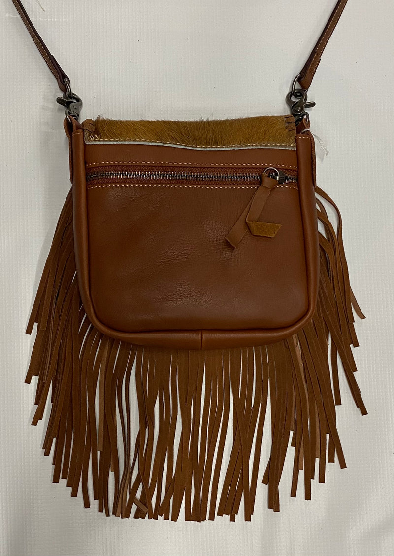 Top Notch Accessories 3020BR Brown Hair On Tooled Leather Small Fringe Crossbody