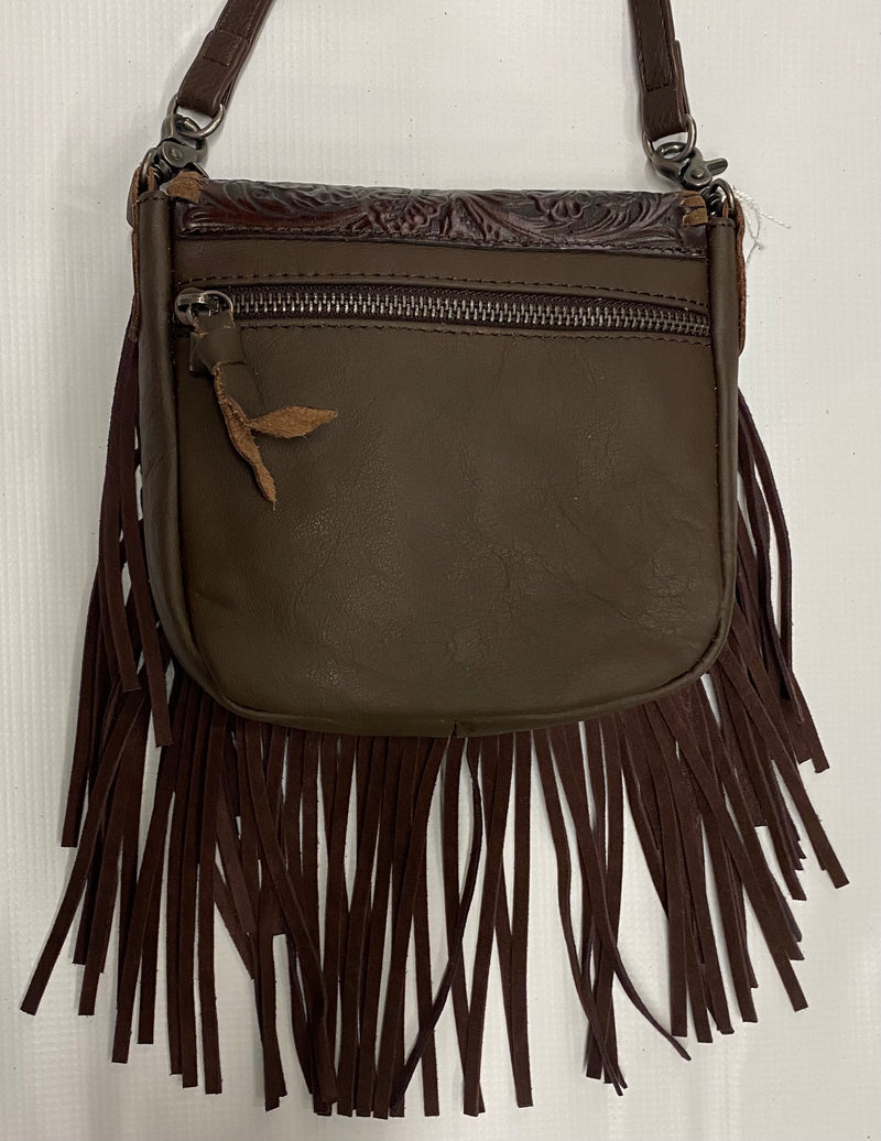 Top Notch Accessories 6001CF Coffee Tooled Leather Small Fringe Crossbody