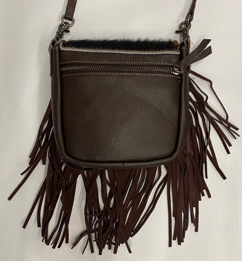 Top Notch Accessories 3020CF Coffee Hair On Tooled Leather Small Fringe Crossbody