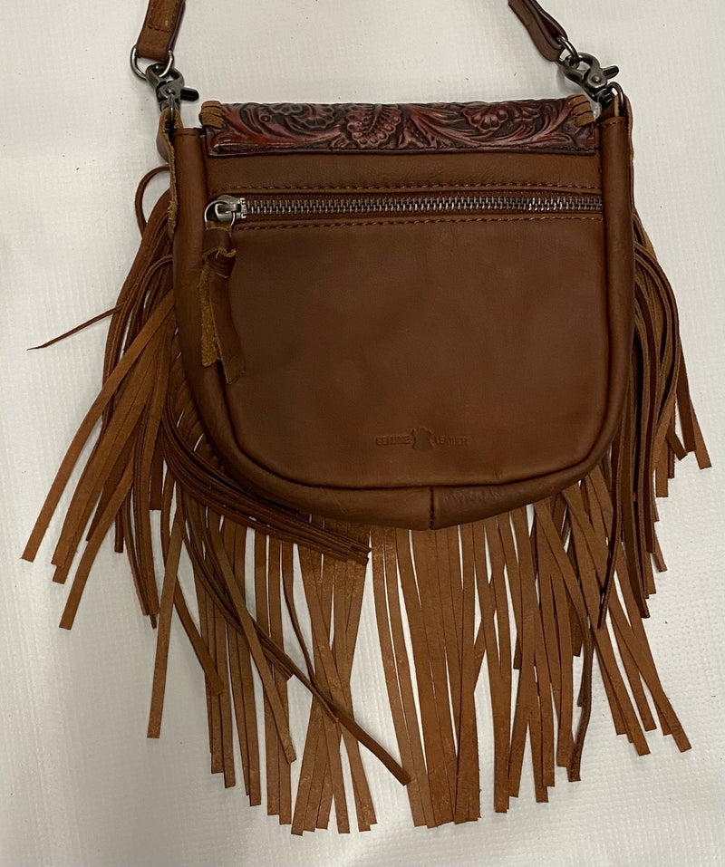 Top Notch Accessories 6001BR Brown Hair On Tooled Leather Small Fringe Crossbody
