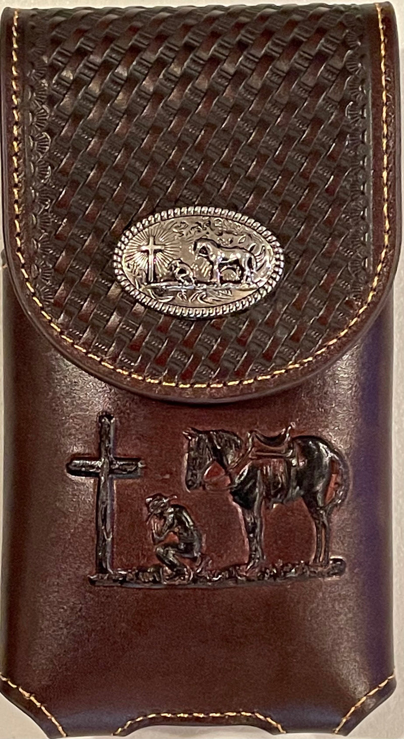Top Notch Accessories 8001CF Coffee Basketweave Leather Vertical XL Phonecase w/Praying Cowboy Concho