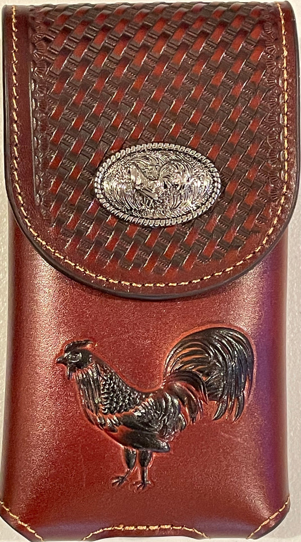 Top Notch Accessories 8003BR Brown Basketweave Leather Vertical XL Phonecase w/Rooster Concho