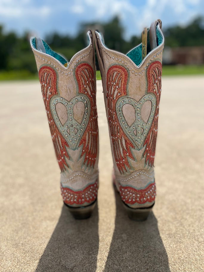A pair of Women's Corral 13-inch heart and wings snip toe boots with studded cowhide inlay. Back View.