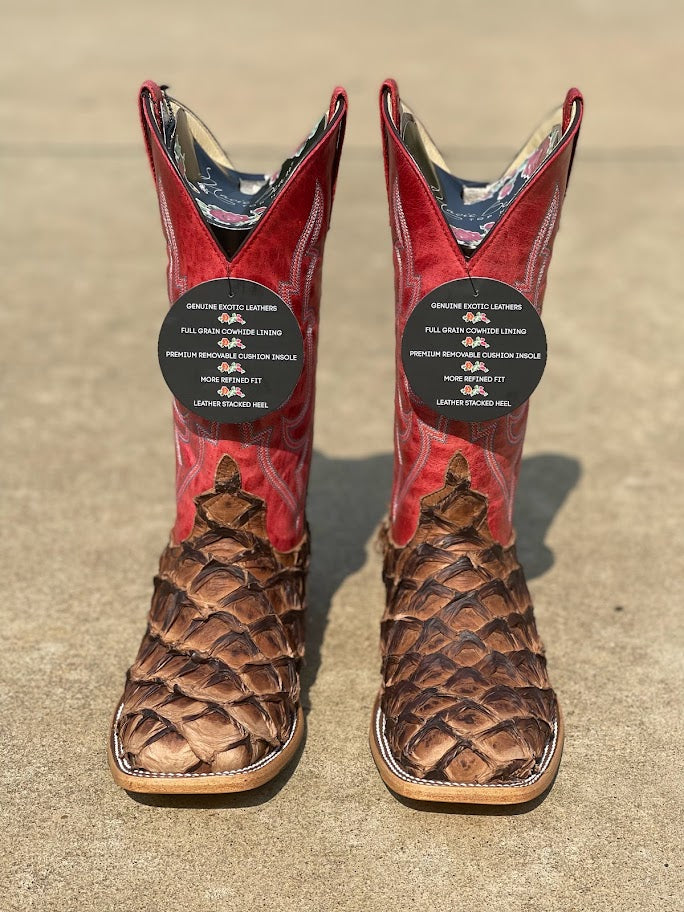 Women's Macie Bean Top Hand M2007 Distressed Brown Big Bass with Red Sinsation Top Square Toe Boot (SHOP IN-STORES TOO)
