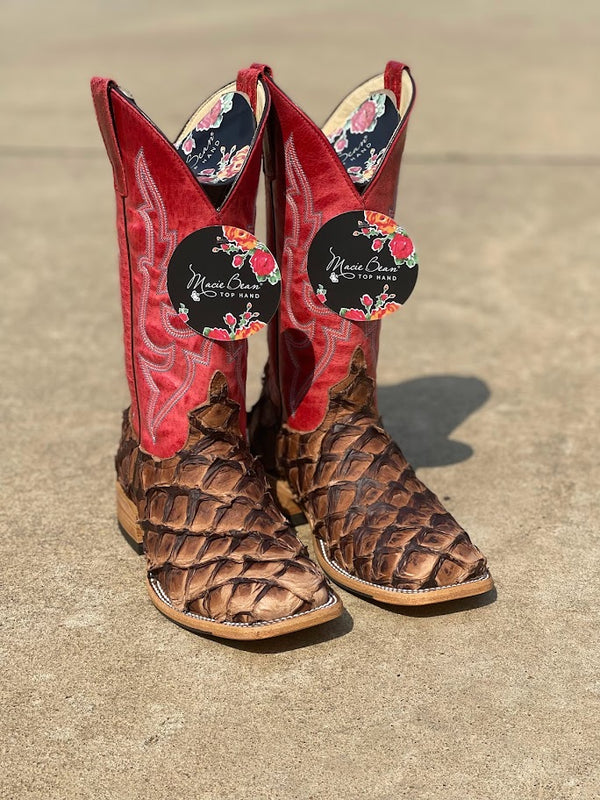 Women's Macie Bean Top Hand M2007 Distressed Brown Big Bass with Red Sinsation Top Square Toe Boot (SHOP IN-STORE TOO)