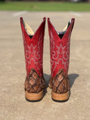 Women's Macie Bean Top Hand M2007 Distressed Brown Big Bass with Red Sinsation Top Square Toe Boot