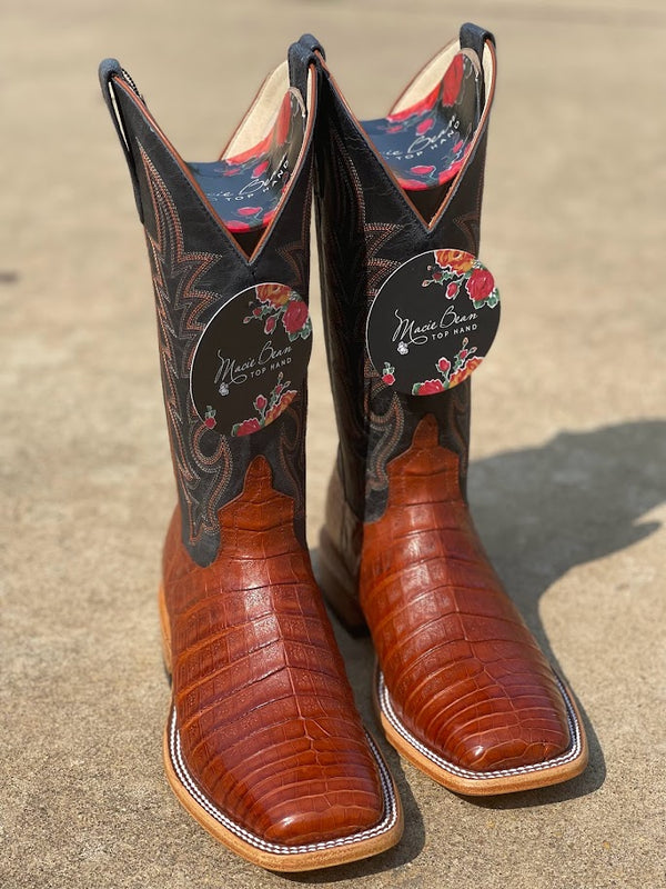 Women's Macie Bean Top Hand M2003 Brandy Caiman Belly with Blue Mad Dog Top Square Toe Boot (SHOP IN-STORES TOO)